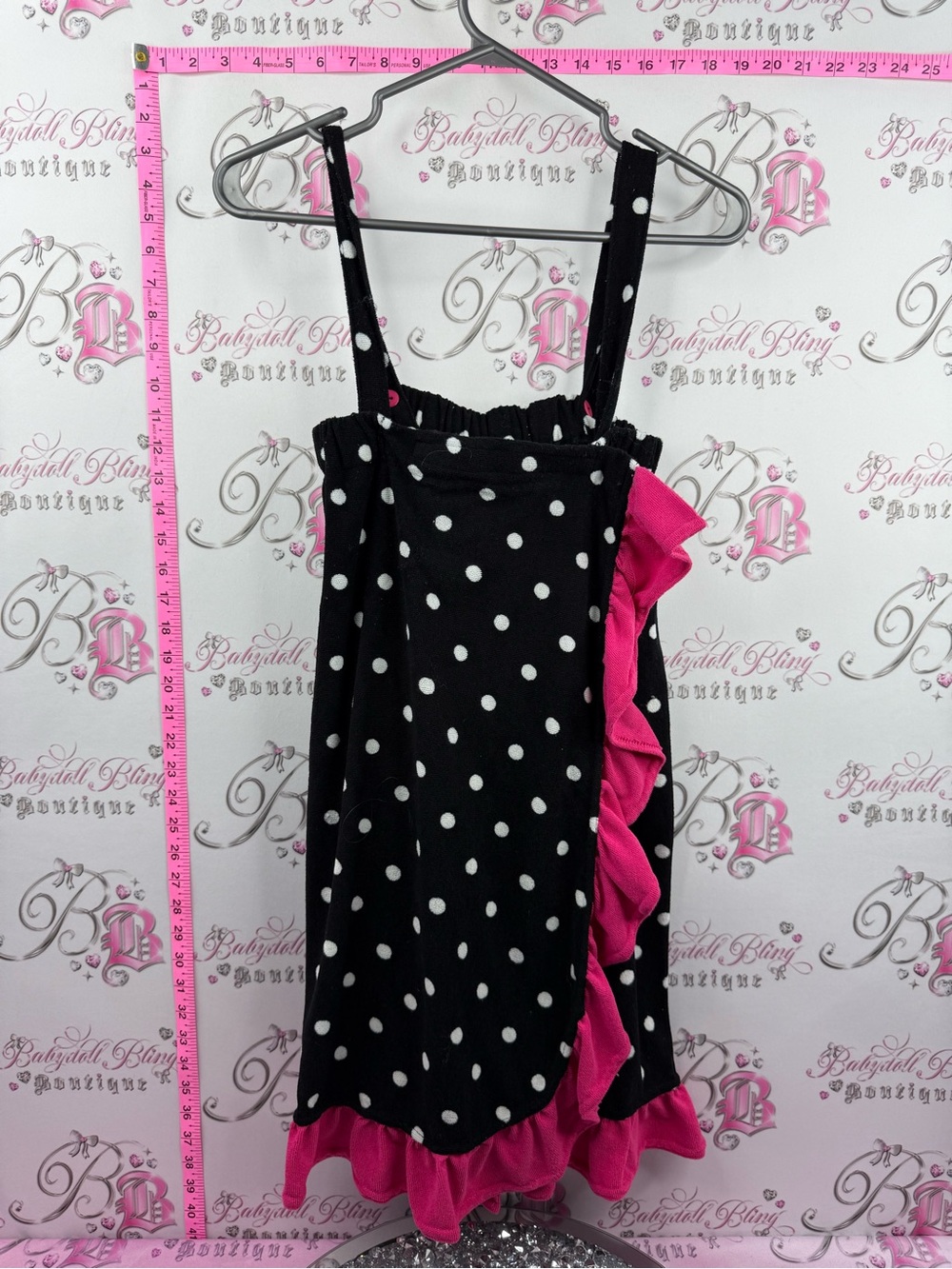 Jessica Simpson towel dress rare Black Polka Dot Bottoms Hot Pink Ruffle frills